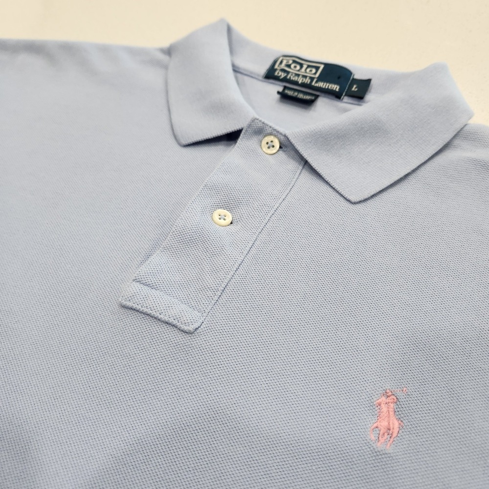 Polo Ralph Lauren 100% Cotton French‎ Blue Polo Shirt Mens Size Large Pink Pony